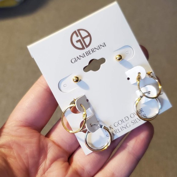 GIANI BERNINI 3PC. Set Small Hoop Ball Stud Earrings Sterling Silver & 18K Gold - Picture 6 of 8